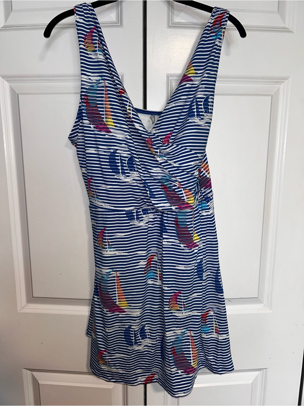 Lands' End Blue and White Striped Swim Top with Multicolor Accent